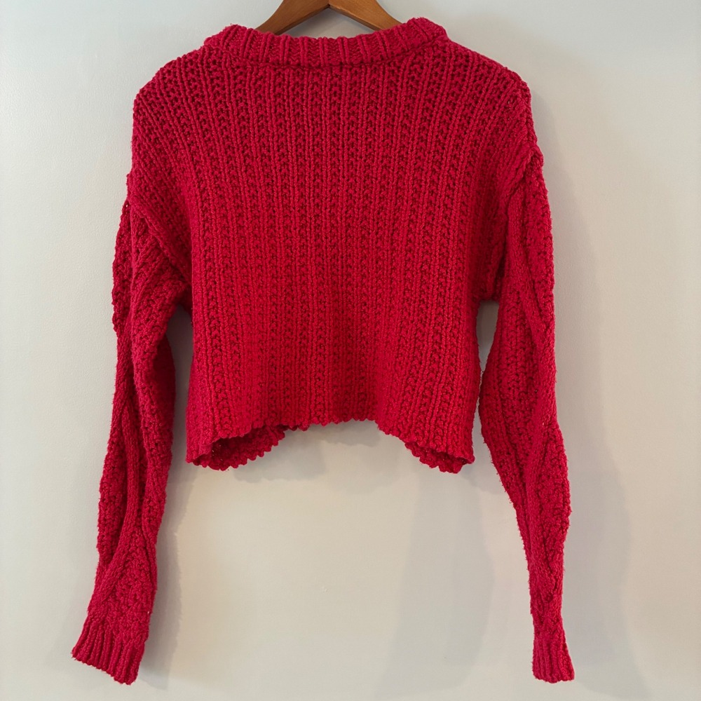 Free People Red Chunky Cable Knit Cropped Sweater Crew Neck XS Long Sleeve - Picture 6 of 7